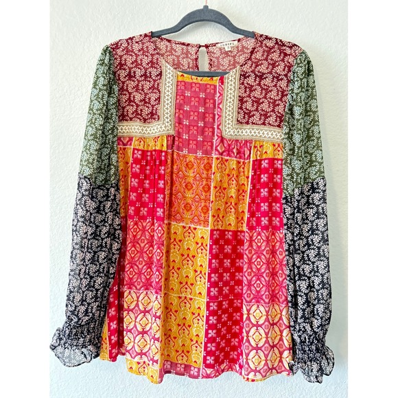 JODIFL Tops - JODIFL Patchwork Floral Long Sleeve Blouse in Red, Yellow, Green, Black